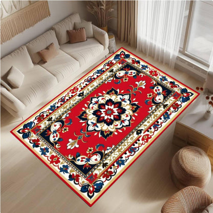 Red Oriental Area Rug, Vintage Floral Medallion Carpet, Washable Non-Slip