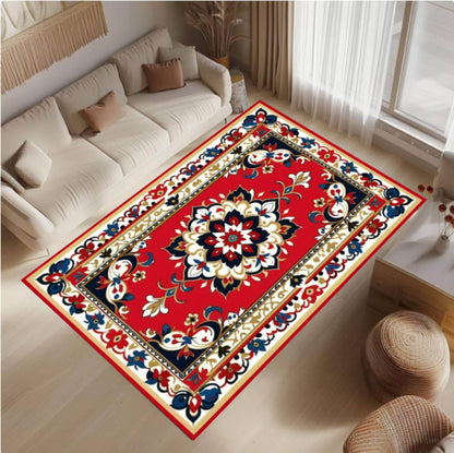 Red Oriental Rug Vintage Rug with Floral Medallion Washable Non-slip