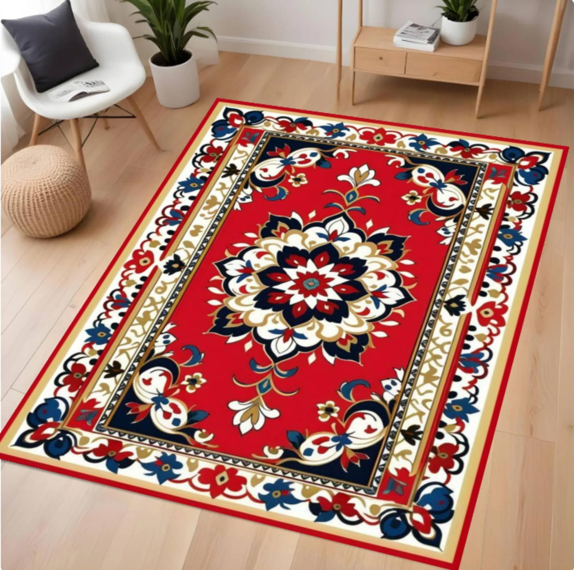 Decorative rug with a floral pattern on a wooden floor