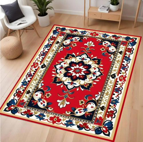 Decorative rug with a floral pattern on a wooden floor
