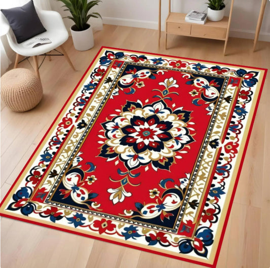 Decorative rug with a floral pattern on a wooden floor