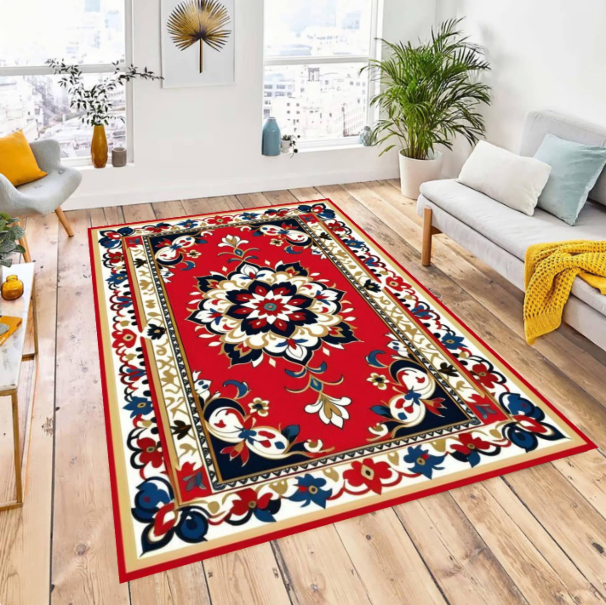 Red Oriental Area Rug, Vintage Floral Medallion Carpet, Washable Non-Slip
