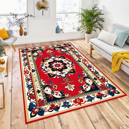 Red Oriental Rug Vintage Rug with Floral Medallion Washable Non-slip