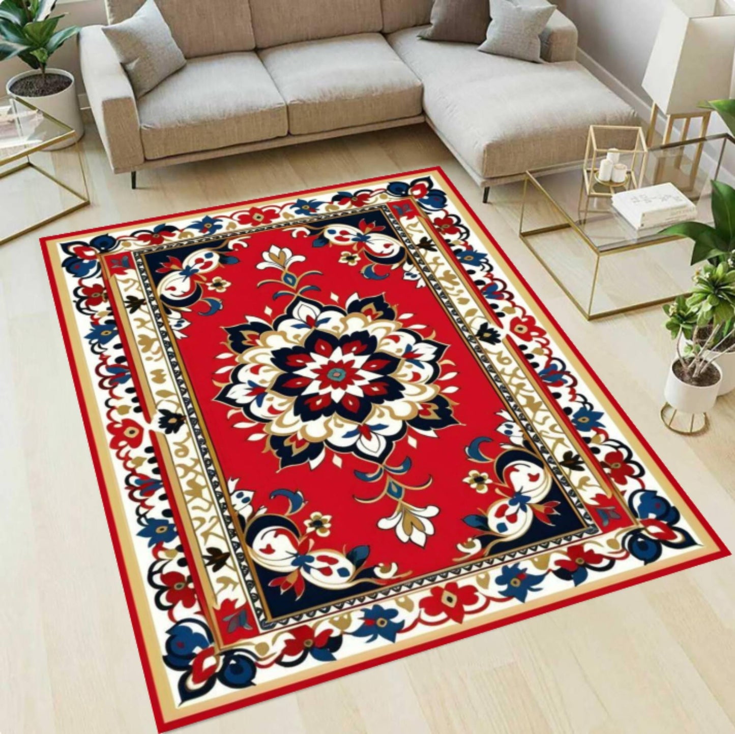 Red Oriental Rug Vintage Rug with Floral Medallion Washable Non-slip