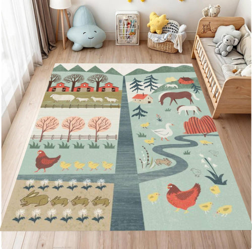 Children's room with a colorful farm-themed rug on a wooden floor.