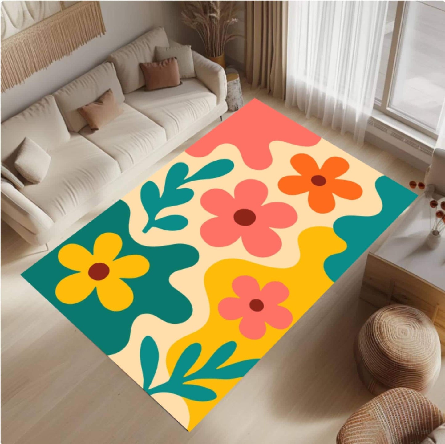 Modern Floral Rug Washable Retro Floral Rug
