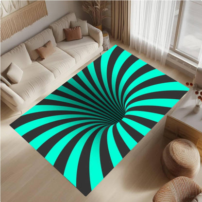 Teal & Black Optical Illusion Area Rug – Abstract Swirl Washable Non-Slip