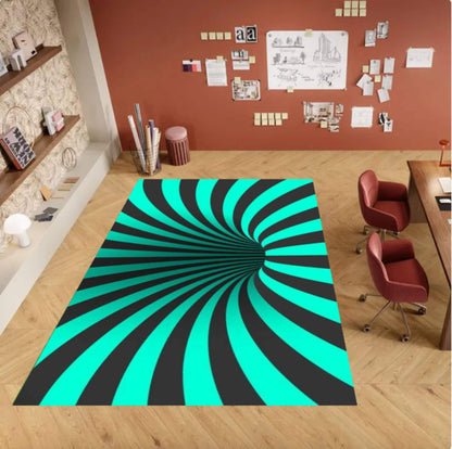 Teal & Black Optical Illusion Area Rug – Abstract Swirl Washable Non-Slip