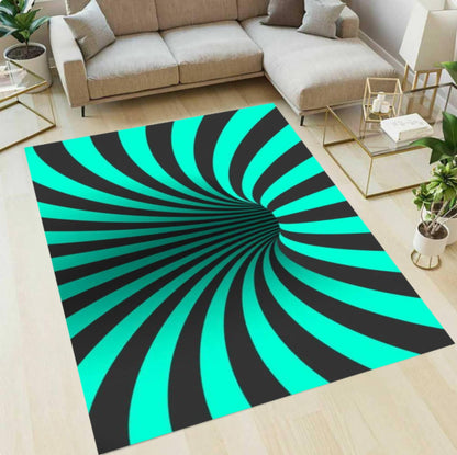 Teal & Black Optical Illusion Area Rug – Abstract Swirl Washable Non-Slip