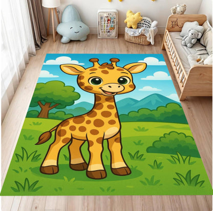 Children's room with a cartoon giraffe rug on the floor.