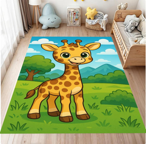 Children's room with a cartoon giraffe rug on the floor.