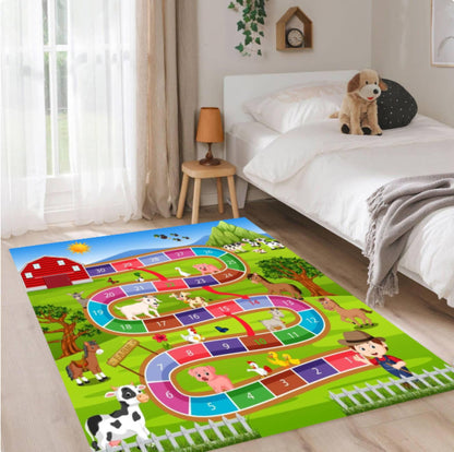 Kids Farm Play Rug, Washable Nursery Room Game Mat