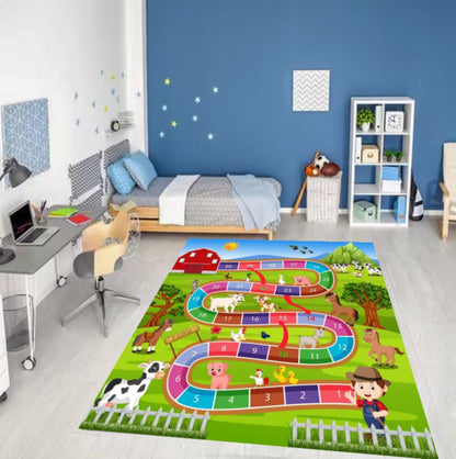 Kids Farm Play Rug, Washable Nursery Room Game Mat