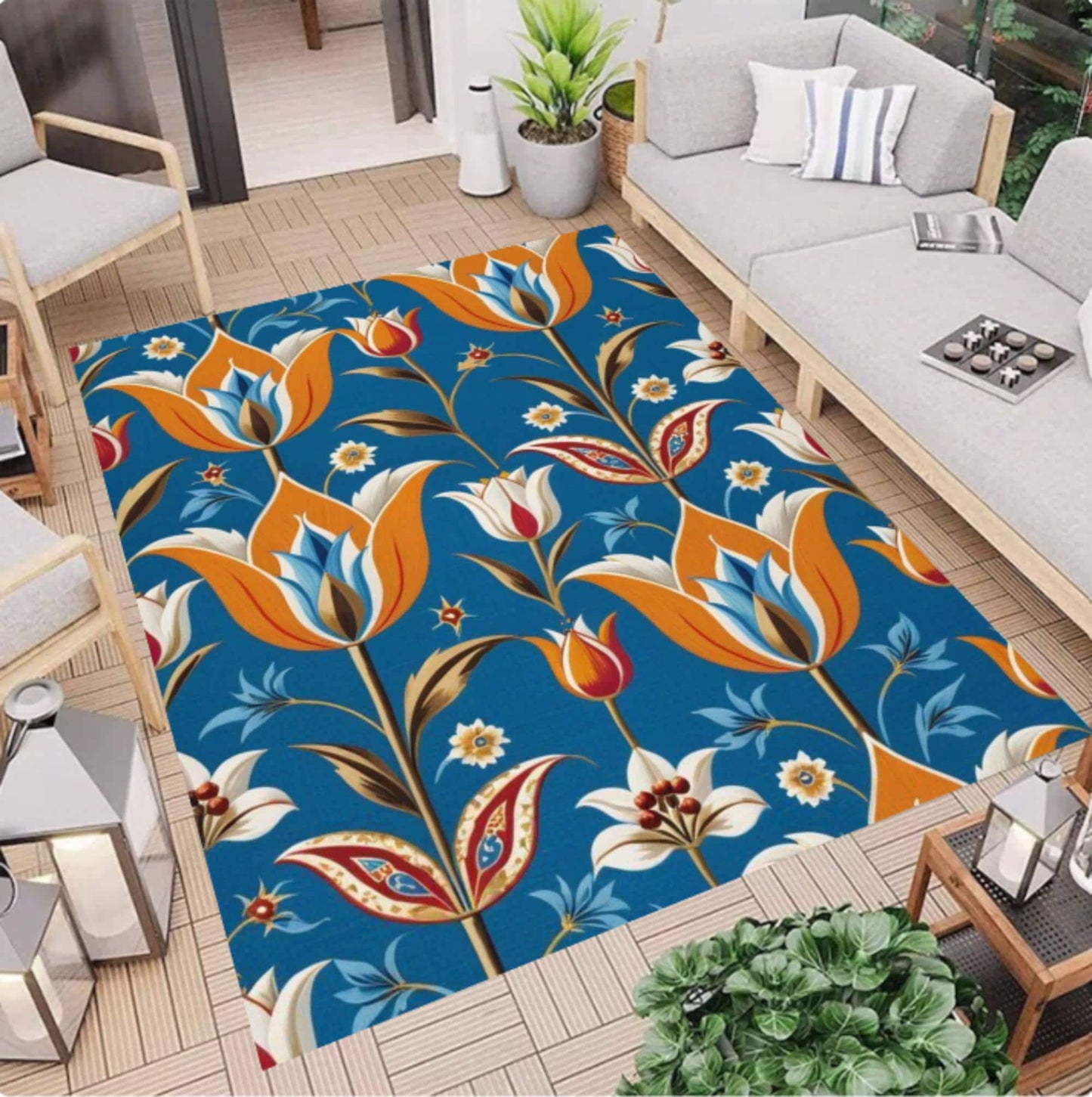 Blue Floral Turkish Vintage Area Rug