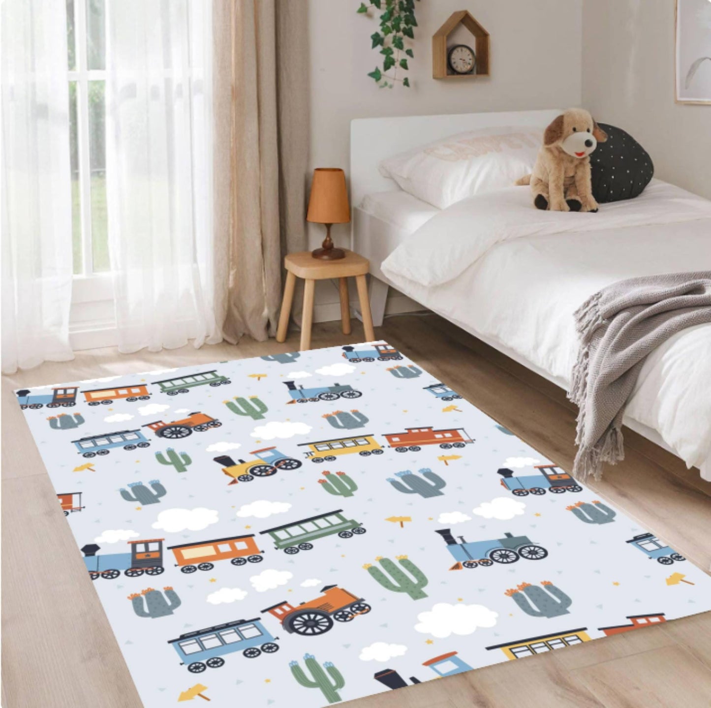 Train Nursery Rug, Kids Playroom Carpet, Washable Non-Slip