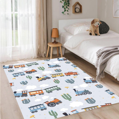 Train Nursery Rug, Kids Playroom Carpet, Washable Non-Slip