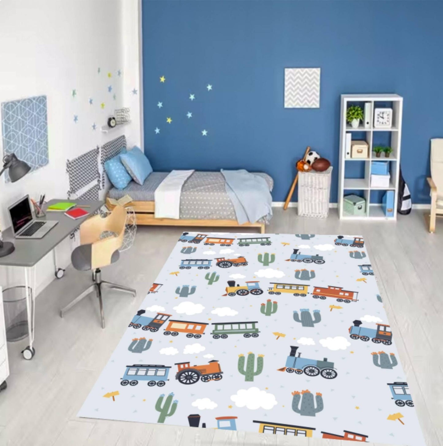 Train Nursery Rug, Kids Playroom Carpet, Washable Non-Slip