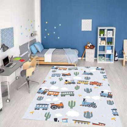 Train Nursery Rug, Kids Playroom Carpet, Washable Non-Slip