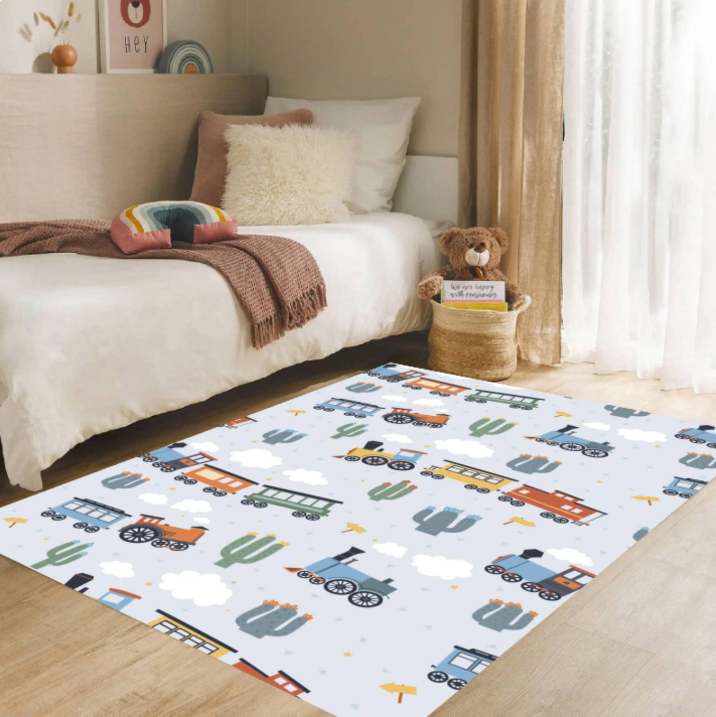 Train Nursery Rug, Kids Playroom Carpet, Washable Non-Slip