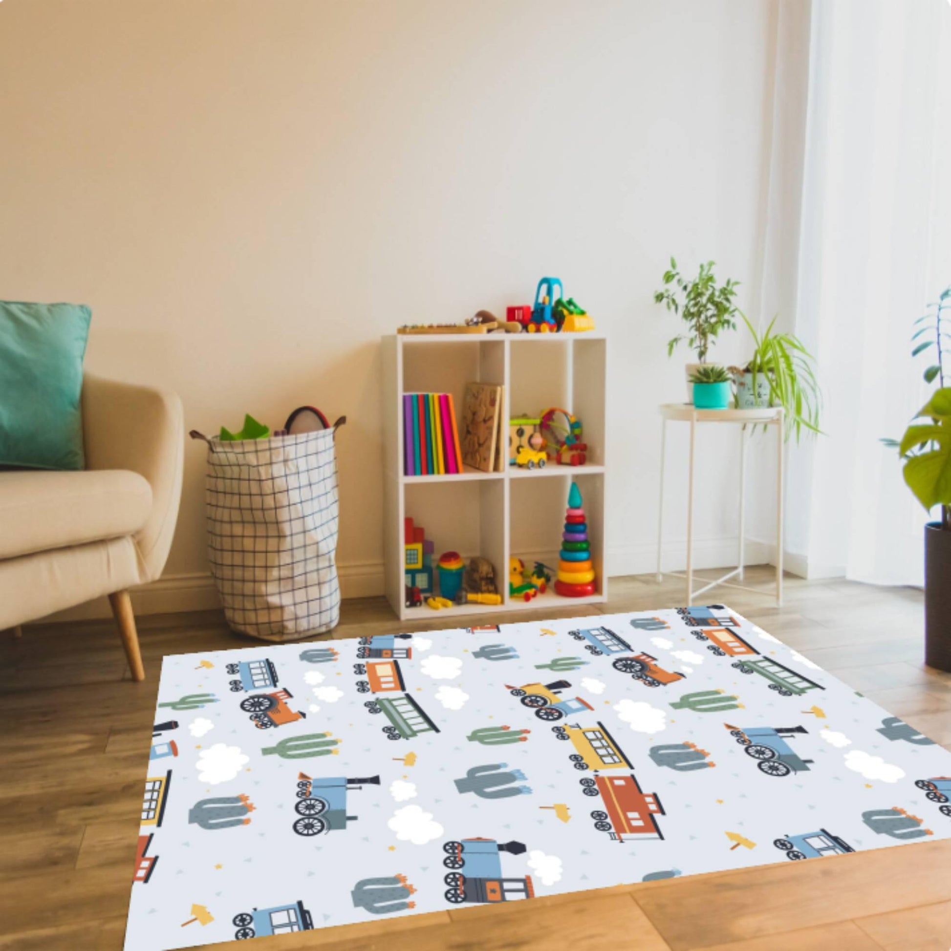 Train Nursery Rug, Kids Playroom Carpet, Washable Non-Slip