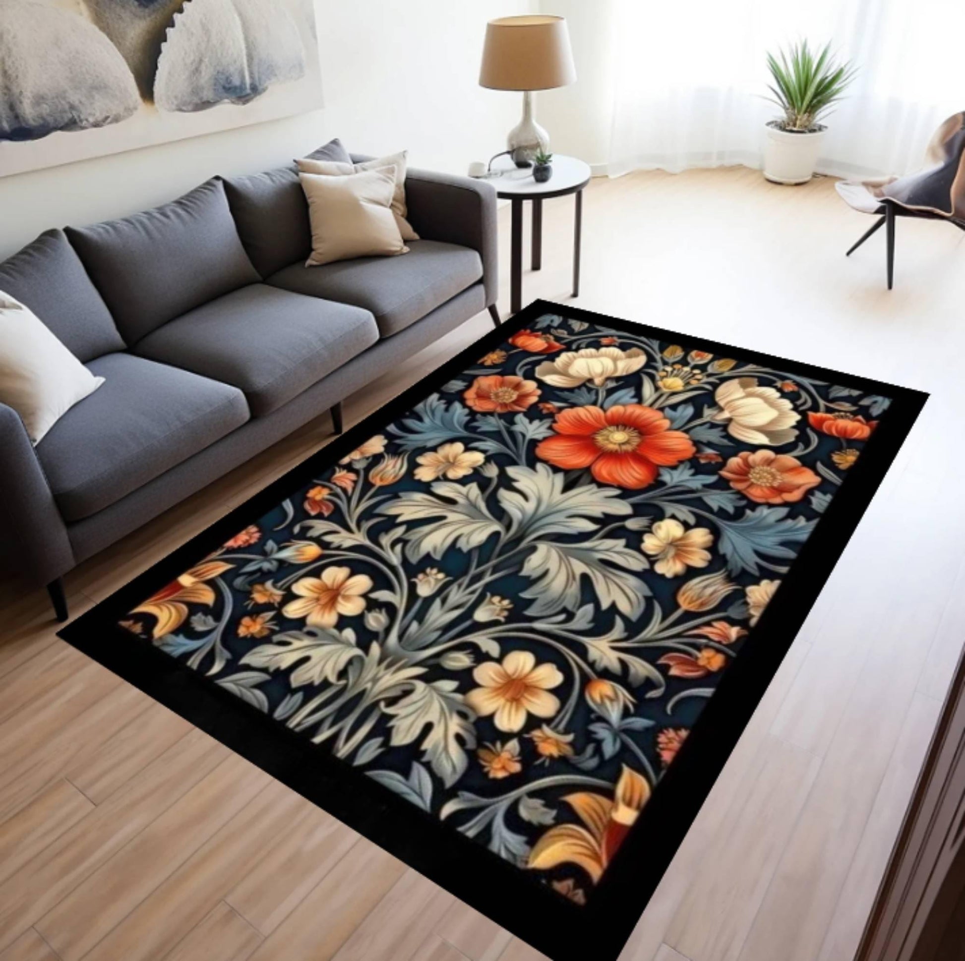 William Morris Floral Rug, Vintage Botanical Non Slip Washable Carpet