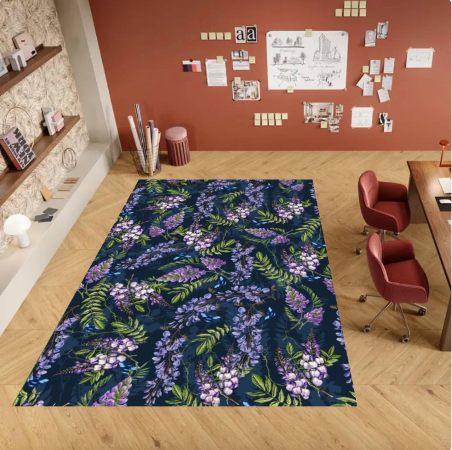 Purple Wisteria Floral Area Rug – Navy Blue Botanical Flower Washable Non-Slip