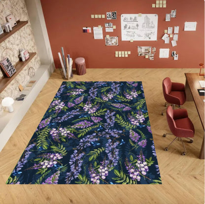 Purple Wisteria Floral Area Rug – Navy Blue Botanical Flower Washable Non-Slip