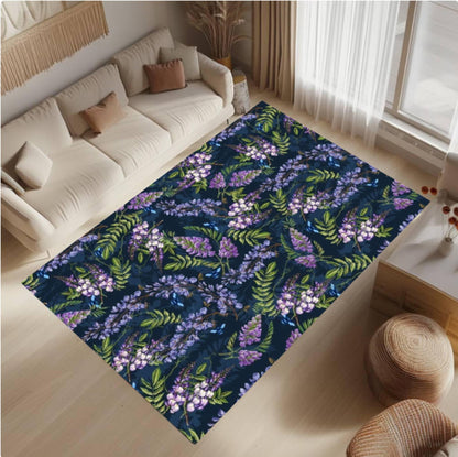 Purple Wisteria Floral Area Rug – Navy Blue Botanical Flower Washable Non-Slip