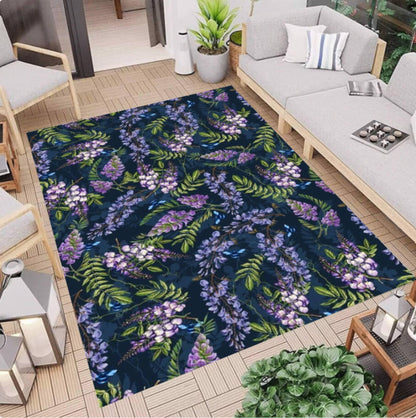 Purple Wisteria Floral Area Rug – Navy Blue Botanical Flower Washable Non-Slip