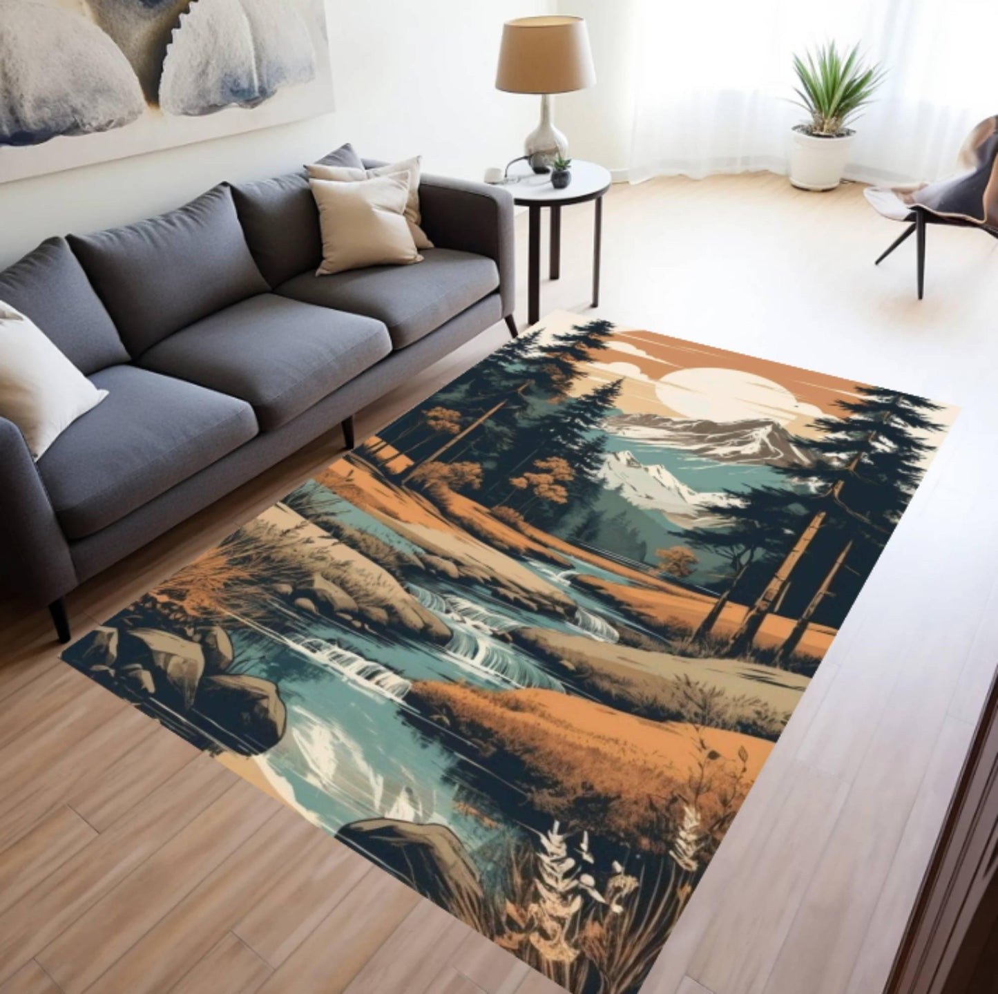Mountain River Landscape Area Rug