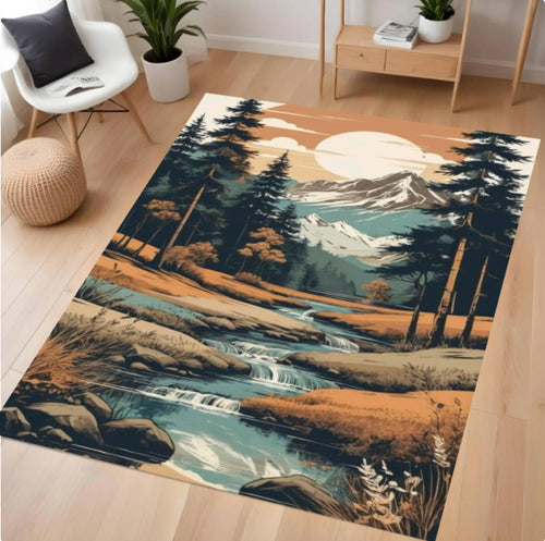 Landscape rug with nature design on a wooden floor