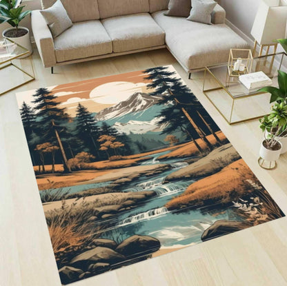 Mountain River Landscape Area Rug, Cabin Lodge Decor, Washable Non Slip