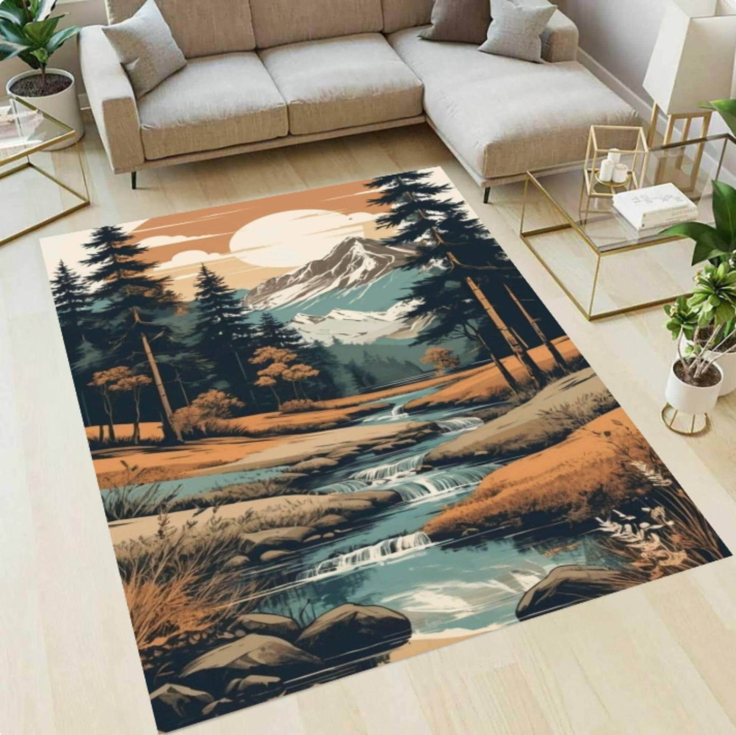 Mountain River Landscape Area Rug