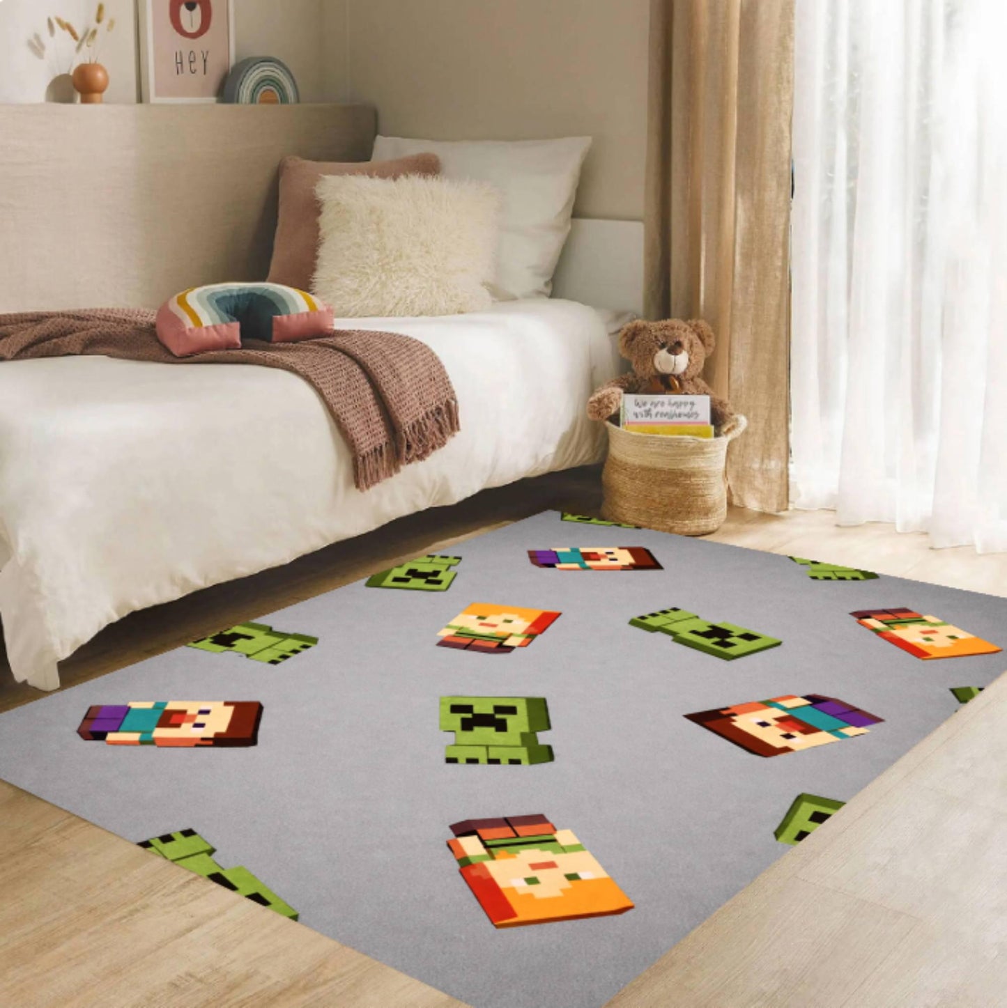 Pixel Gaming Kids Area Rug – Retro Cartoon Block Style Washable Non-Slip
