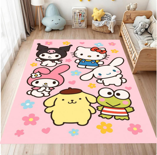 Pink rug with cartoon characters in a child's room