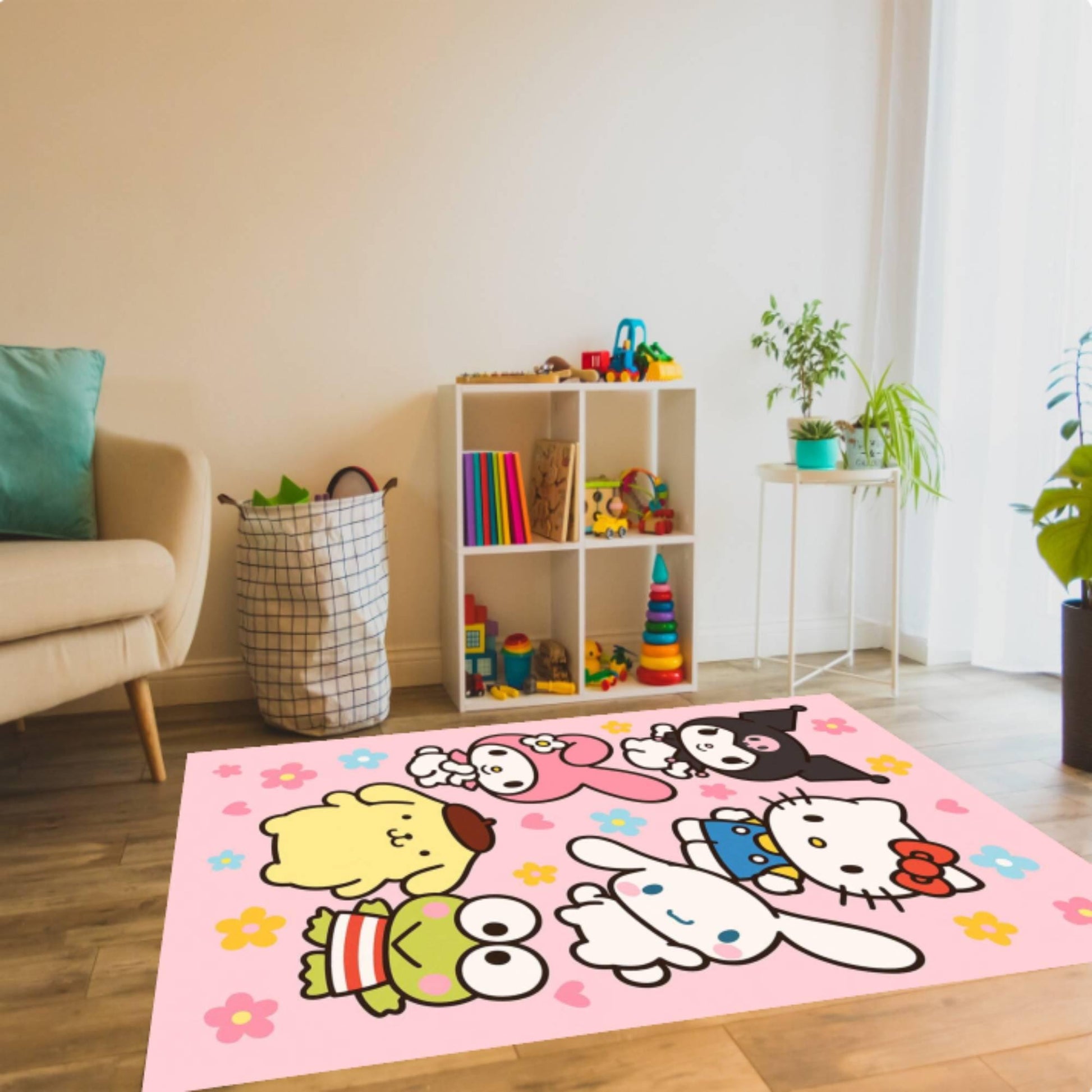 Kawaii Kids Rug, Pink Cartoon Nursery Playroom Carpet, Washable