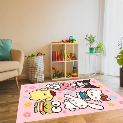 Kawaii Kids Rug, Pink Cartoon Nursery Playroom Carpet, Washable