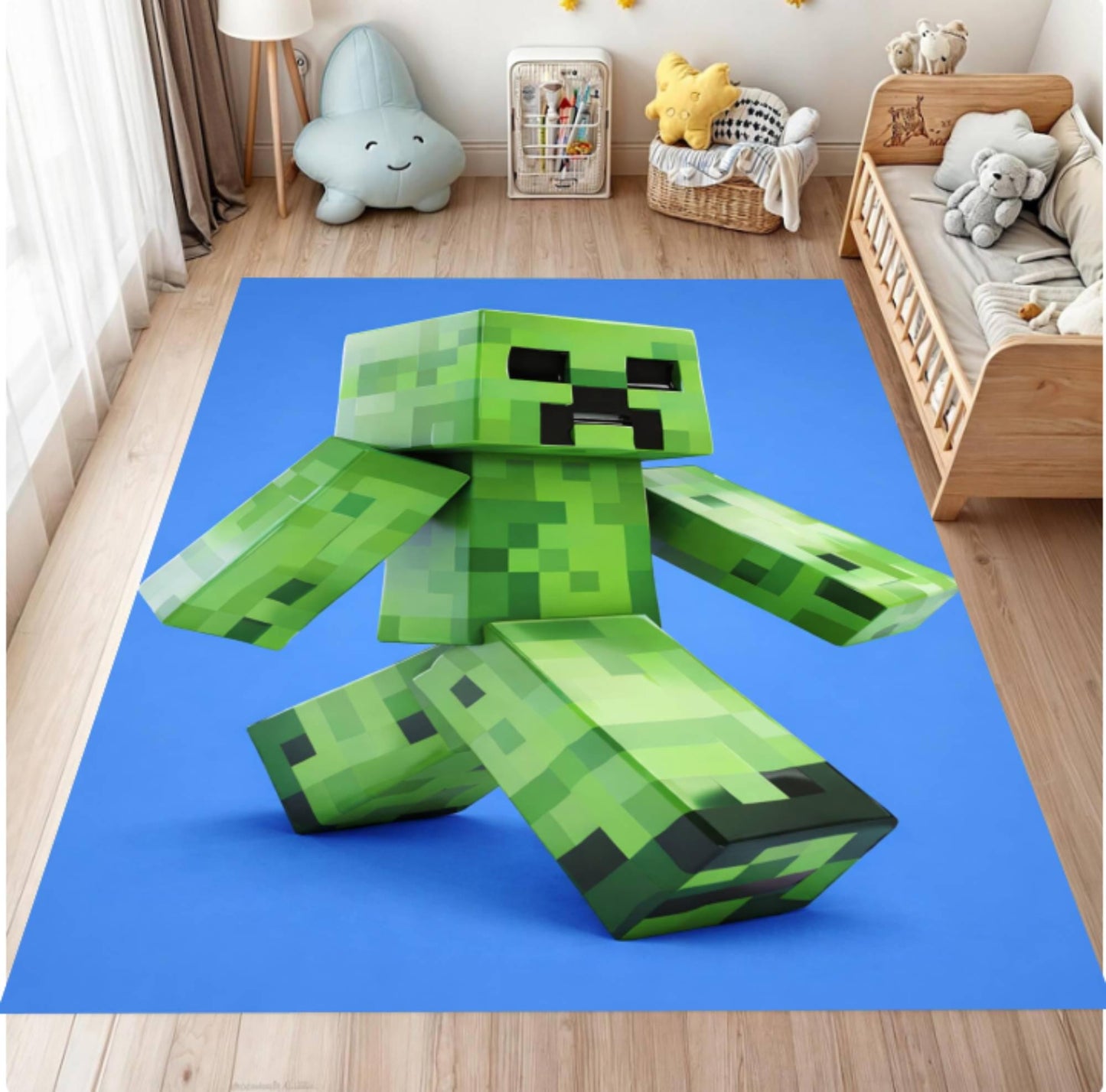 Green Minecraft creeper figure on a blue rug in a room with toys and furniture.