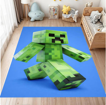 Green Minecraft creeper figure on a blue rug in a room with toys and furniture.