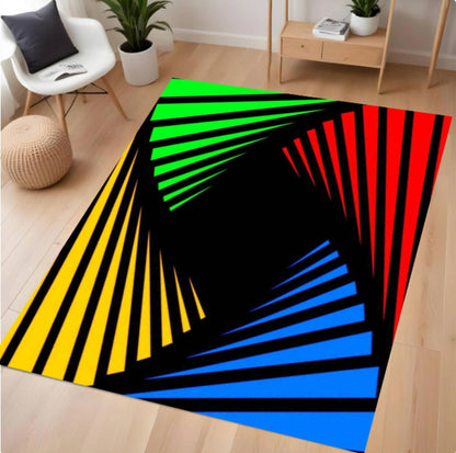 Colorful geometric rug on a wooden floor with a modern interior setting.
