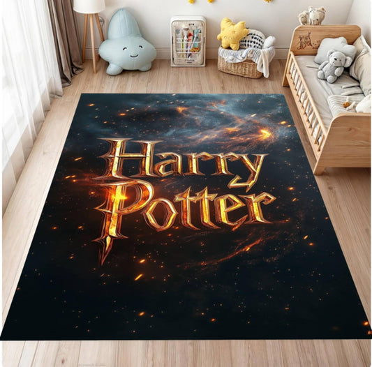 Harry Potter-themed rug in a room with children's furniture and toys.