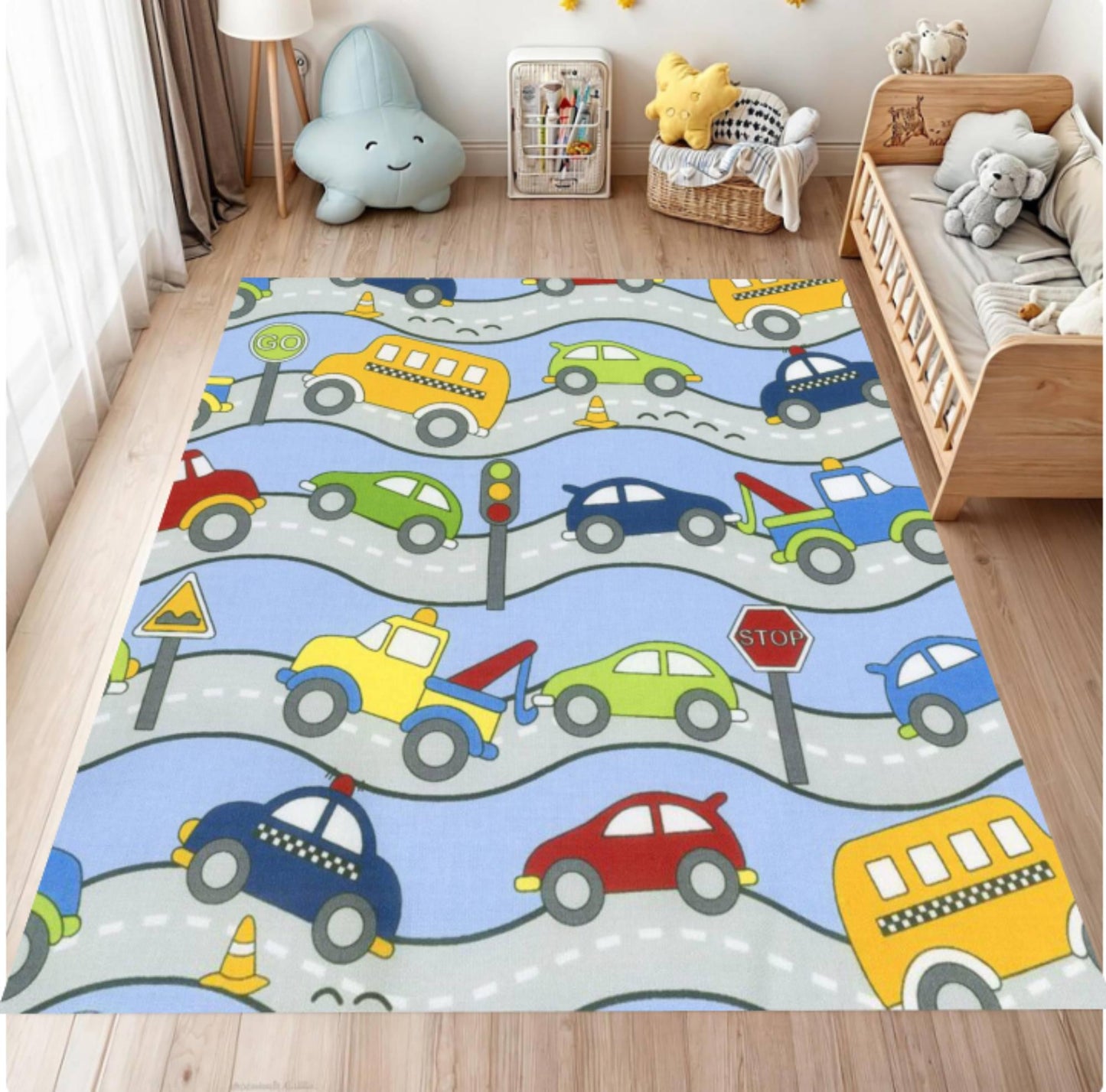 Children's room with a colorful rug featuring cartoon cars and traffic signs.
