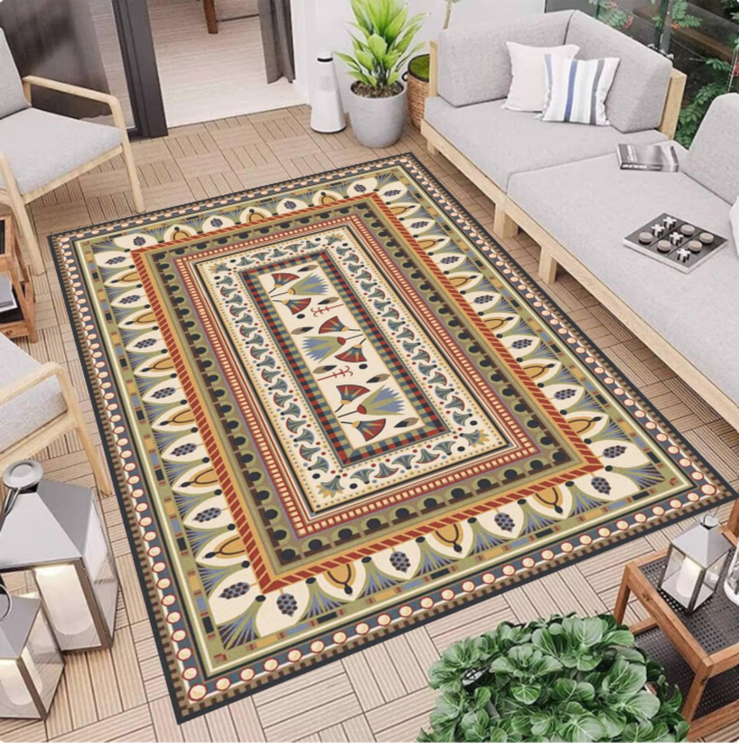Vintage Folk Art Rug Geometric Ethnic Style Washable Non-slip