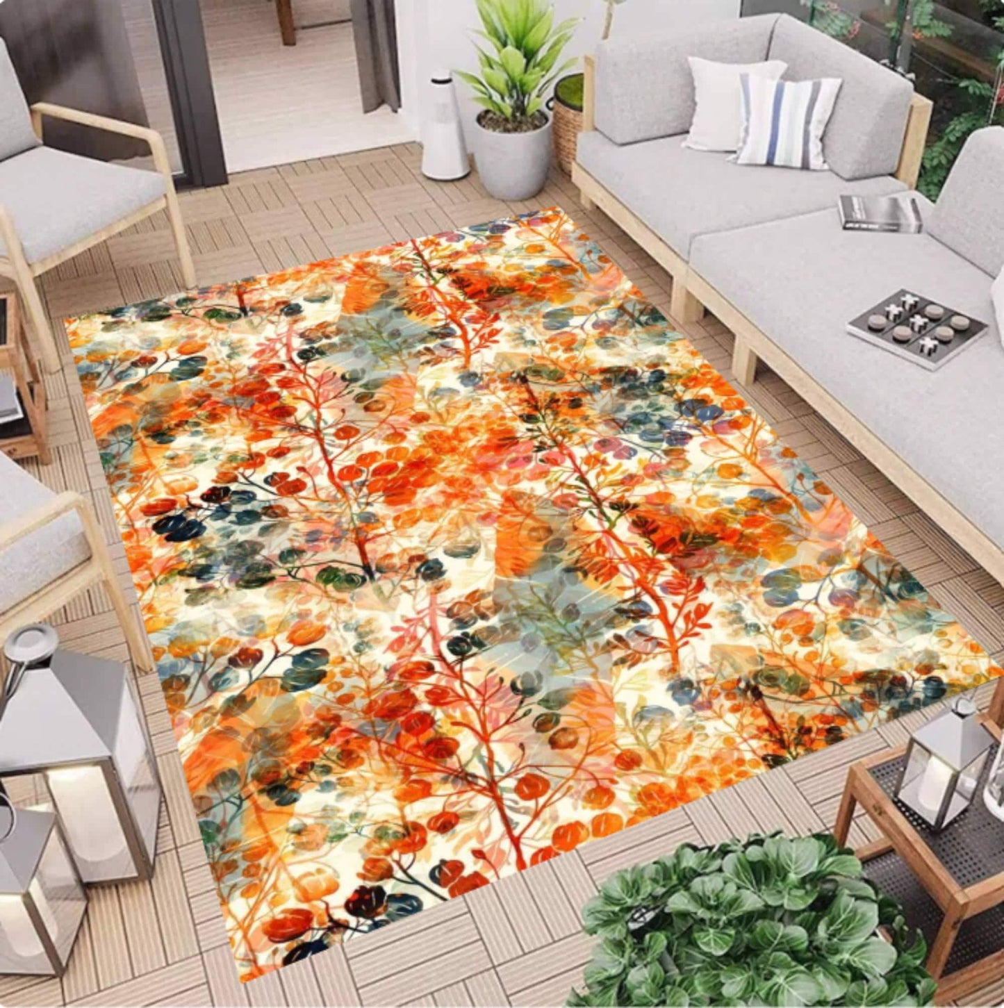 Autumn Floral Watercolor Area Rug – Fall Botanical Flower Washable Non-Slip