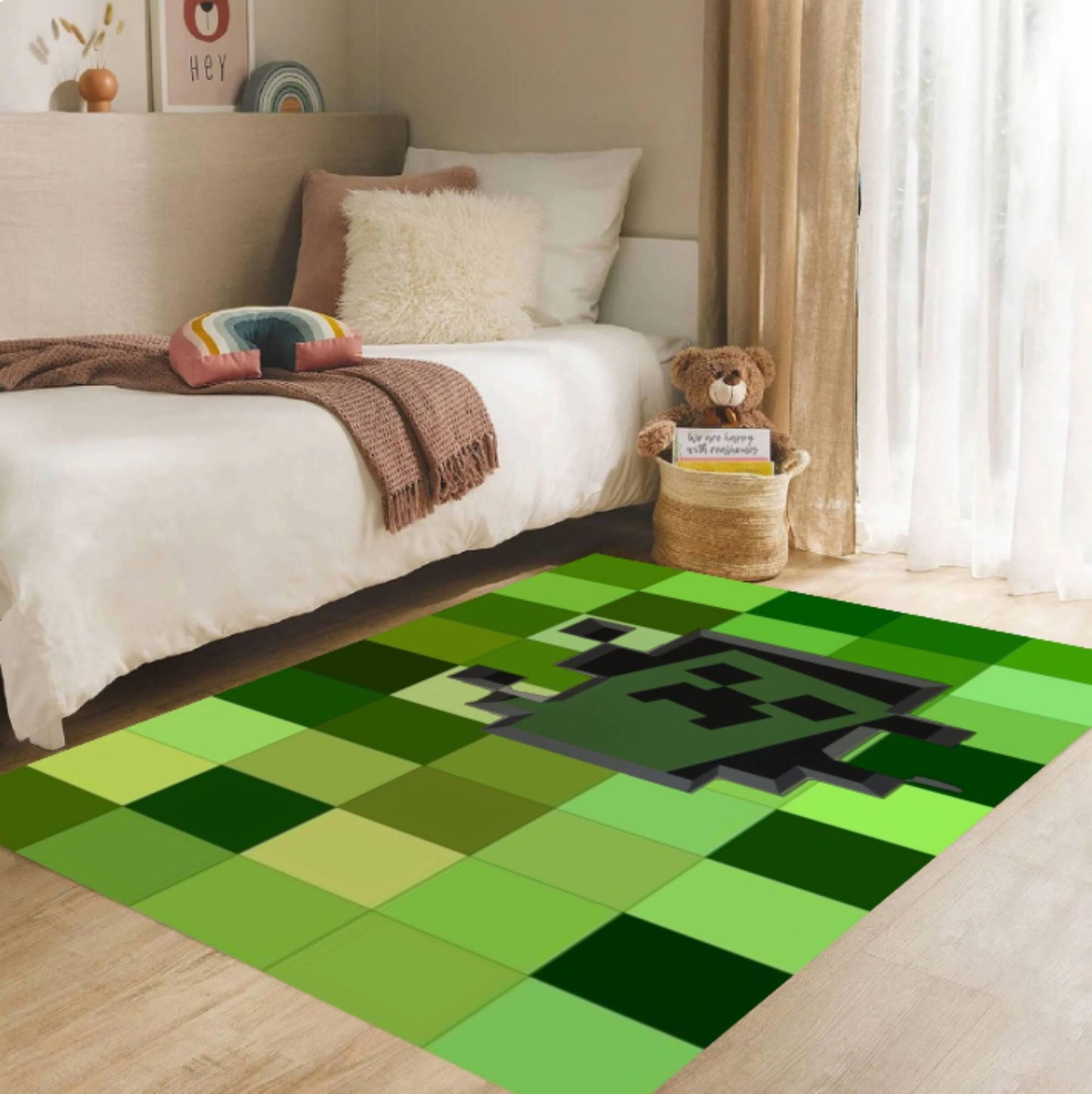 Pixelart Gamer Rug Green Block Pattern Washable Non-slip