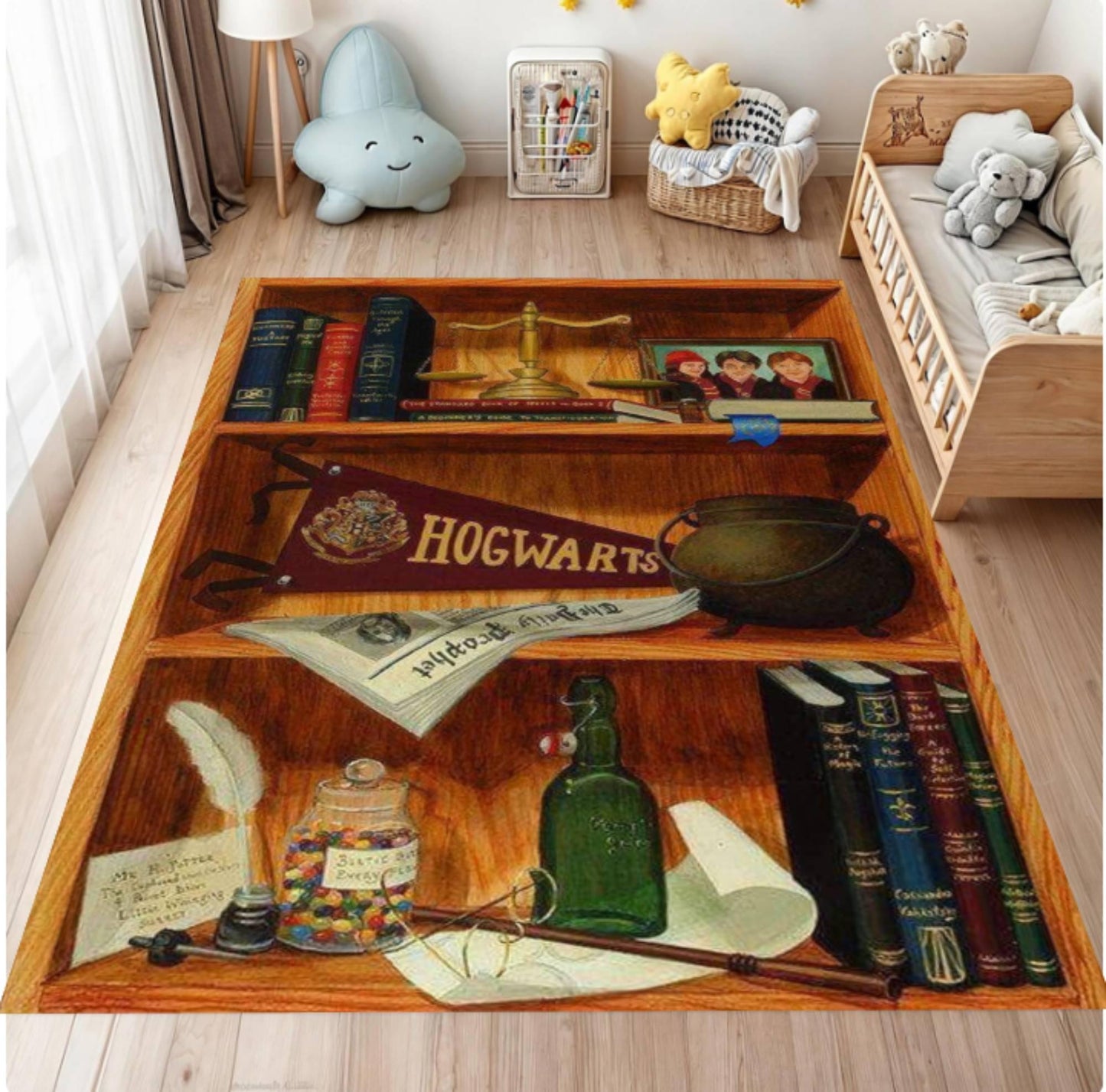 Wooden shelf design rug with Harry Potter-themed items in a room setting.