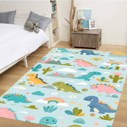 Dinosaur Kids Rug, Cartoon Dino Playroom Mat, Washable Non-Slip