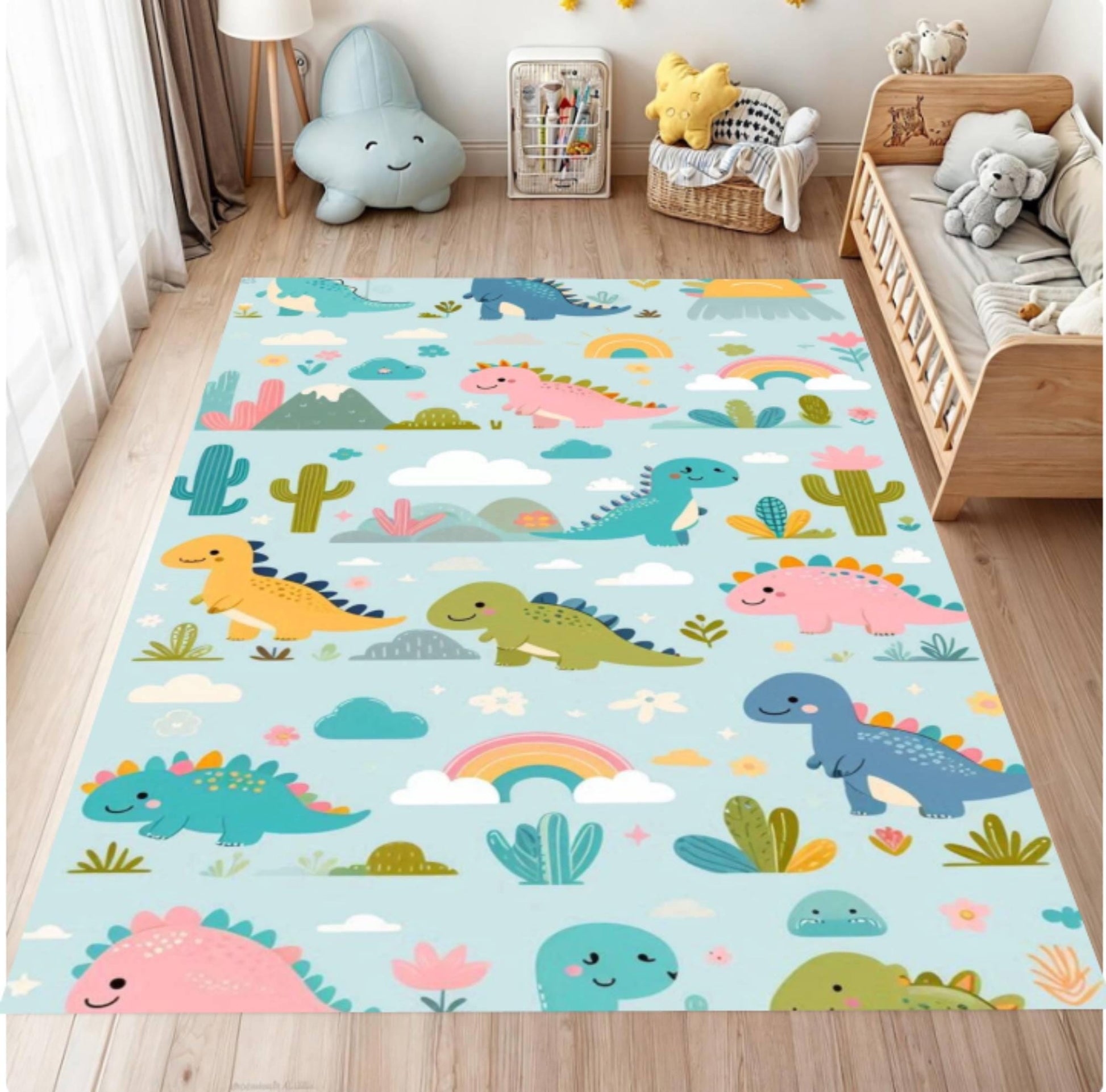 Children's room with a dinosaur-themed rug on the floor.