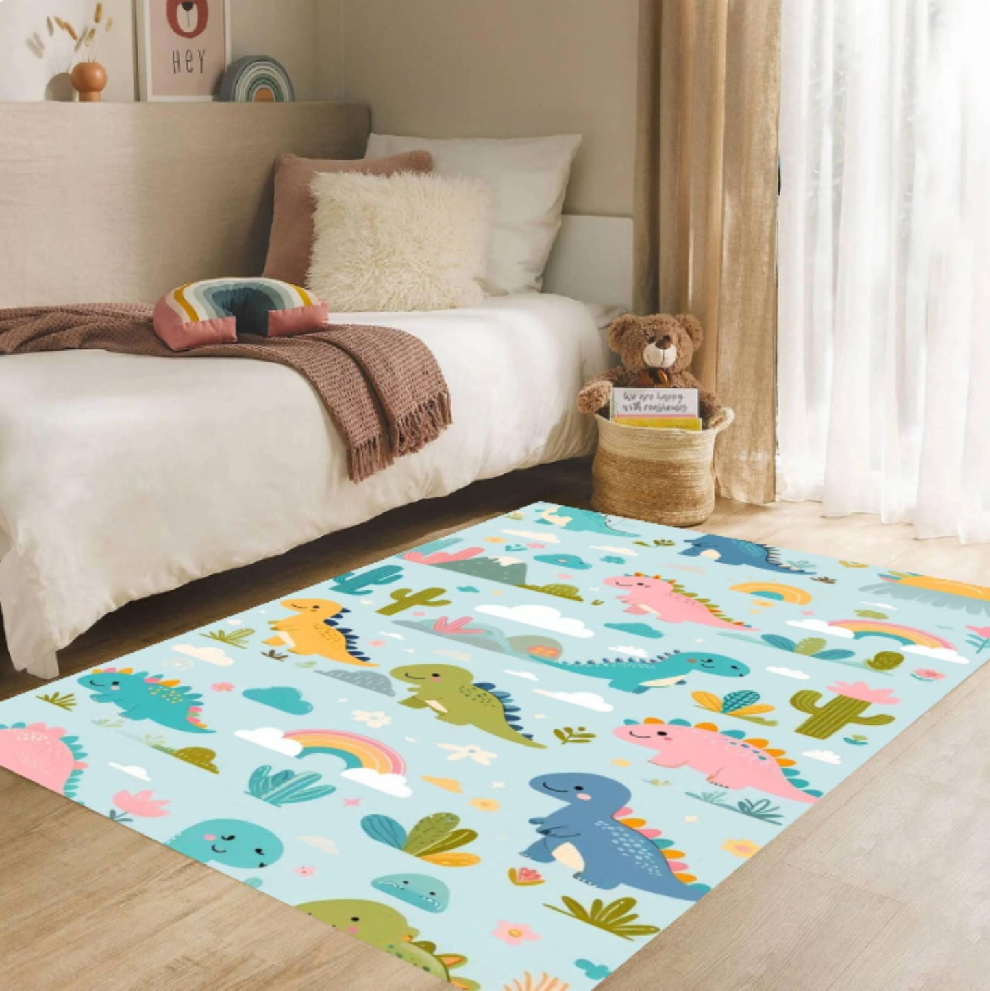 Dinosaur Cartoon Dino Playroom Kids Rug Washable Non-slip