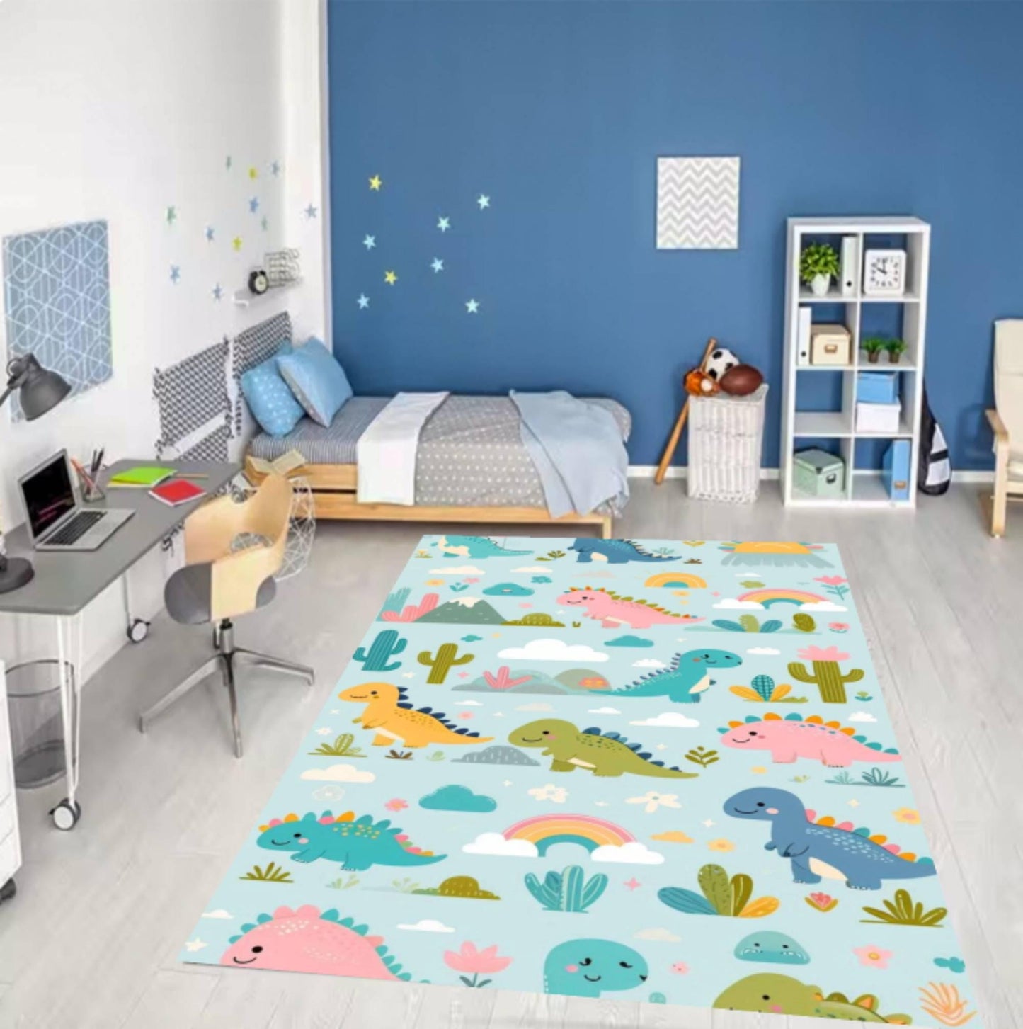 Dinosaur Kids Rug, Cartoon Dino Playroom Mat, Washable Non-Slip